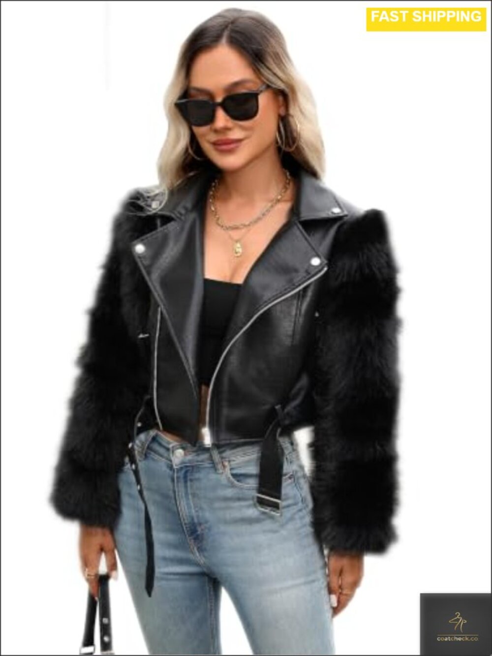 Faux Leather Croc-Texture Cropped Moto Jacket Fur Sleeve Belted